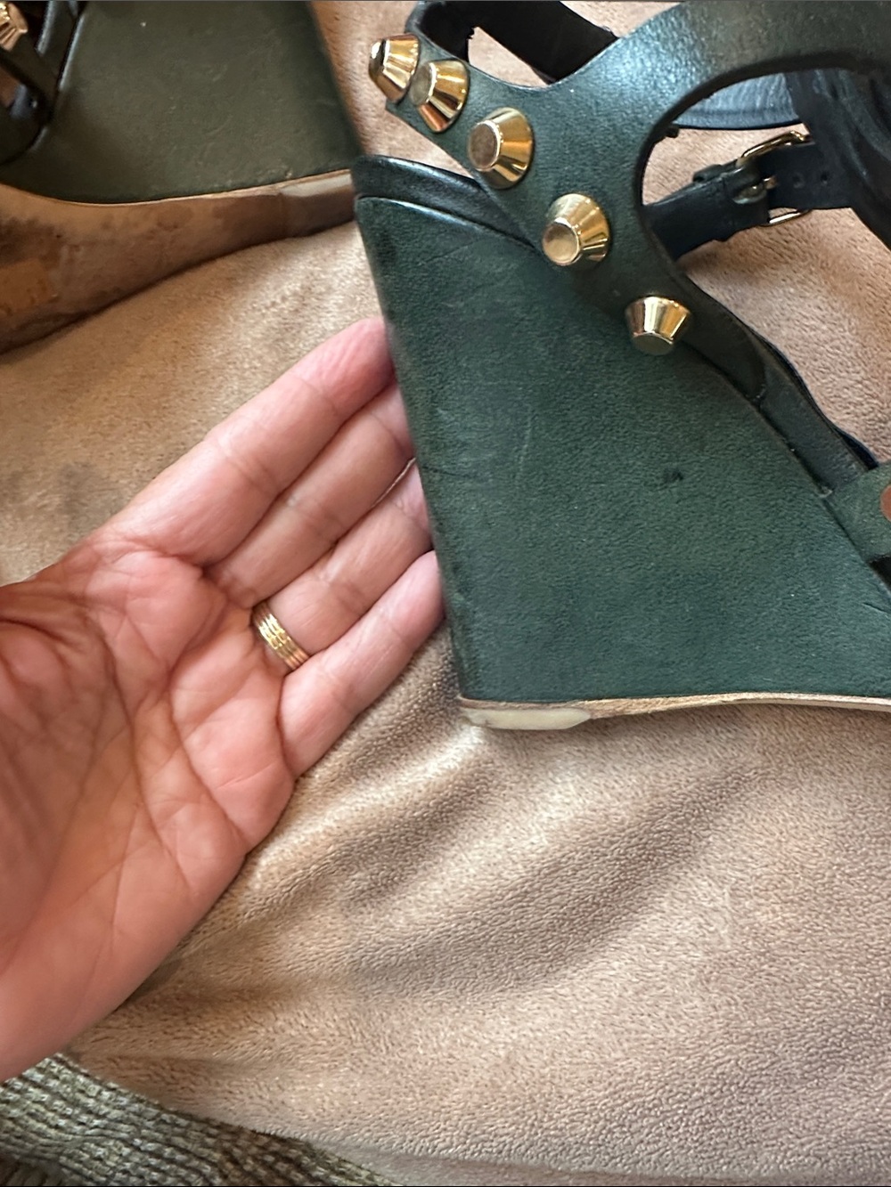 Balenciaga Olive Green Studded Wedge Sandals - Picture 7 of 12